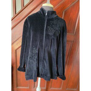 Alfred Dunner Womens Size 18 Black Velour Jacket With Embroidered Floral Design